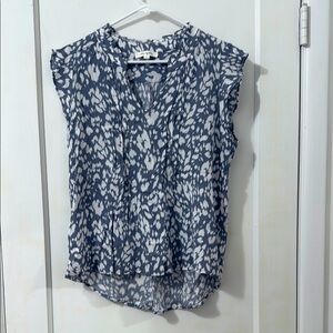 White and Gray Ruffled Blouse with Mandarin Collar